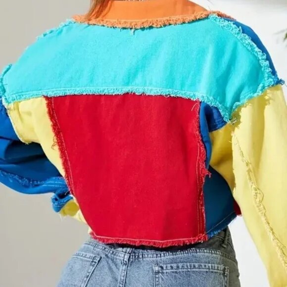 Color Block Raw Hem Frayed Button Up Crop Jacket - Picture 3 of 4